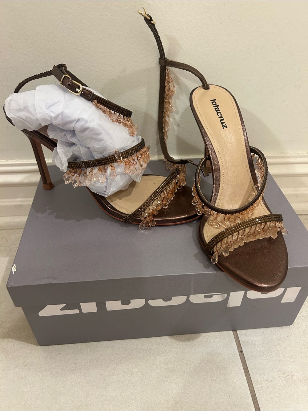 Lola Cruz Brown Beaded Strappy High Heel Sandals